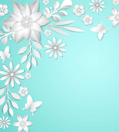 Frame with white paper flowers on blue background illustration.のイラスト素材