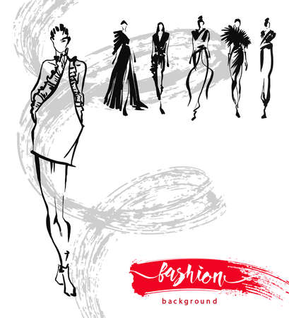 Fashion models sketch hand drawn , stylized silhouettes isolated.Vector fashion illustration set.のイラスト素材