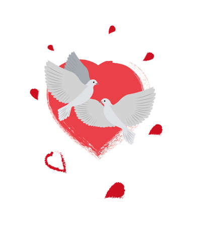 Soaring white pigeons. Engraved birds in flight isolated on white. Vector hand drawn vintage illustration of flying dovesのイラスト素材