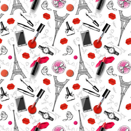 Seamless fashion and cosmetics background with make up artist objects: ladies watch, handbag nail Polish,mascara, lipstick, perfume, hand drawn Eiffel tower, camera. Vector illustrationのイラスト素材