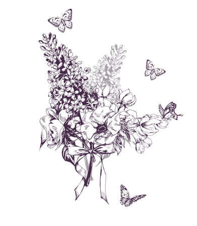 Bouquet of a blossoming lilac trees, Apple flowers, and butterflies. Hand drawn sketch.Vector illustration. Concept of a birthday card, invitation card, happy mothers day, advertising.のイラスト素材