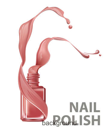 Pink nail Polish bottles with beautiful splashes of nail Polish on white background.Template Vector for advertising Your product. 3D realistic detailed mockup. Beauty and cosmetics backgroundのイラスト素材