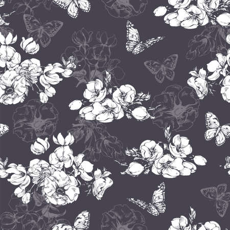 Seamless pattern with blooming Apple blossoms and butterflies on a white background. Vector. Hand-drawn style.のイラスト素材