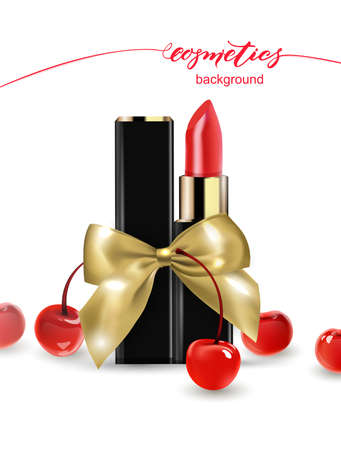 Red lipstick and red cherry. Beauty and cosmetics background. Use for advertising flyer, banner, leaflet. Template Vectorのイラスト素材