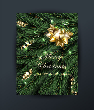 Merry Christmas and Happy New Year greeting card with Christmas branches, with gift gold bow, with decorations on dark background Vector templateのイラスト素材