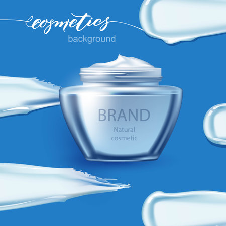 A jar of white cosmetic cream on the background of smears of white cream. Isolated on a blue background.Template Vector Beauty and cosmetics background. Use for advertising flyer, banner, leaflet.のイラスト素材