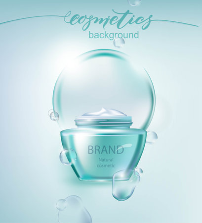 White cosmetic products with Drop of water on cyan background. Beauty and cosmetics background. Use for advertising flyer, banner, leaflet. Template Vectorのイラスト素材