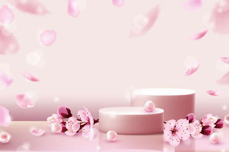 Pink pedestals with cherry blossoms and falling cherry petals and pink pearls on a pink pastel natural background. Fashionable subtle abstract promotion of cosmetic products.のイラスト素材