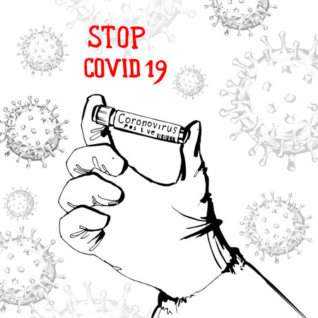 Stop coronavirus 2019-ncov flu infection Microscopic view of floating  pathogen respiratory influenza virus cells. Dangerous asian ncov corona virus, pandemic.のイラスト素材