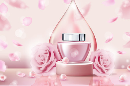 A jar of cosmetics on the podium and pink roses on a pink background with petals floating in the air. Template for the presentation of cosmetics. 3d vector illustrationのイラスト素材