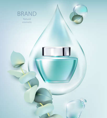 Jar of cosmetic product and eucalyptus branches on color background with water dropsのイラスト素材