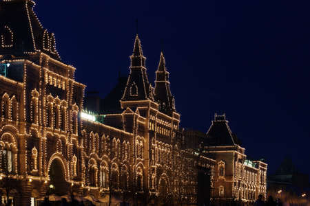 building of shop at night on the Red area in Moscow, Russiaの写真素材