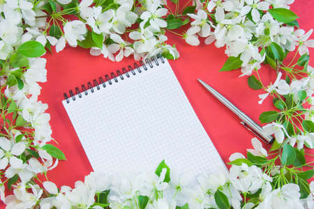 beautiful designer background with the sprigs of flowering apple-tree with a notebook and pen