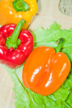 Bulgarian sweet pepper of red and yellow color and leaves of lettuce