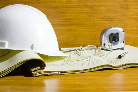 helmet, roulette and glasses on project documentationの写真素材