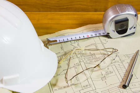 helmet, roulette and glasses on project documentationの写真素材