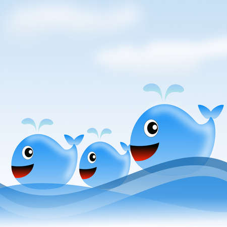 three drawn whale at-sea on a background sky, raster illustrationの写真素材