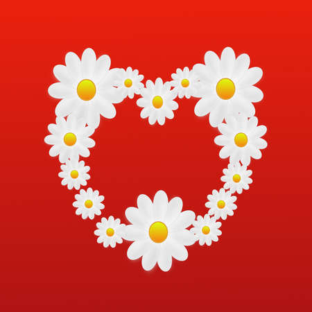 designer background heart from the flowers of white color on a bright red backgroundの写真素材