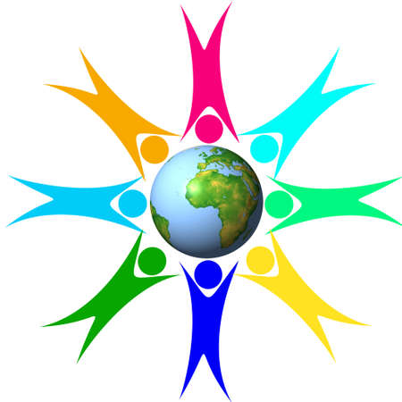 silhouettes of the drawn men holding on to the hands round earth, illustration on a white background