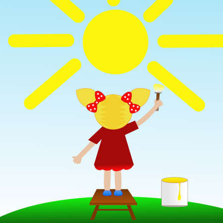 a little girl draws on blue sky a sun, illustrationの写真素材