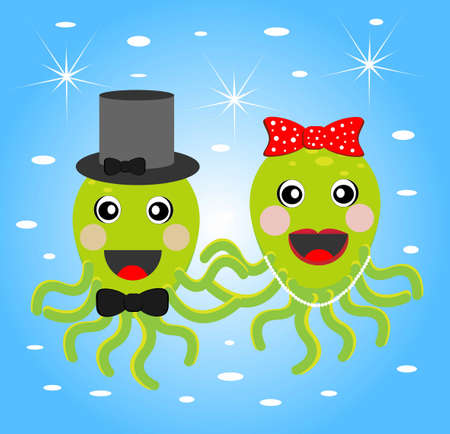 merry girl and boy octopuses  on a blue background, vectorial illustrationのイラスト素材
