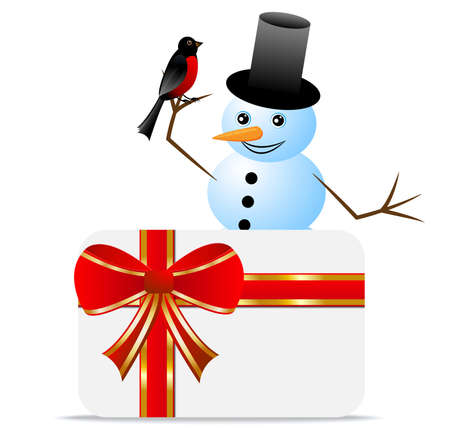 snow man with a bird bullfinch and greeting-card,  vector  illustrationのイラスト素材