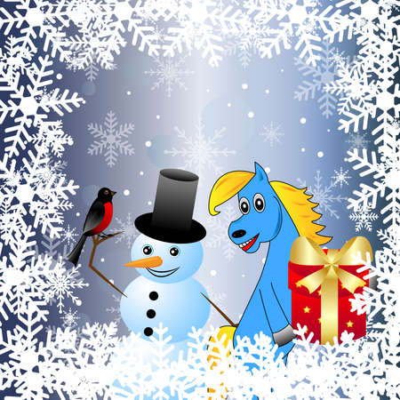 blue horse and snow man,vector illustrationのイラスト素材