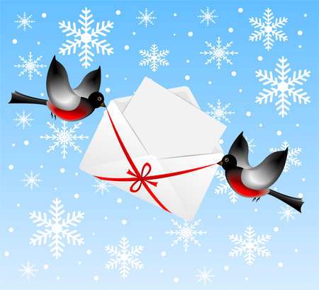 birds bullfinchs carry an envelope with congratulation,vector illustrationのイラスト素材