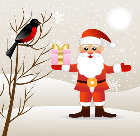 Santa claus with a gift and bird bullfinch,  vector  illustrationのイラスト素材