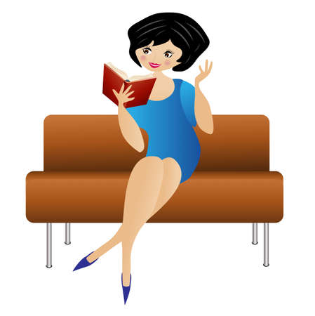 woman sitting on a sofa reads a book,  vector  illustrationのイラスト素材