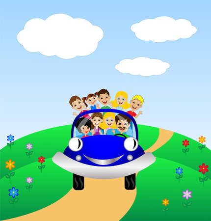 family go by rest in blue car,vector illustrationのイラスト素材