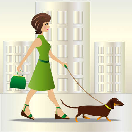 young woman on walk with dog, vector illustrationのイラスト素材