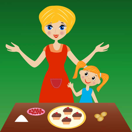 mother with little daughter prepare delicious cake, vector illustrationのイラスト素材