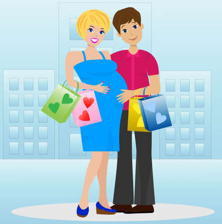 young married couple in expectant of child with purchaseのイラスト素材