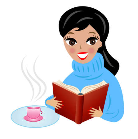 young woman with book and cup of tea, vector illustrationのイラスト素材