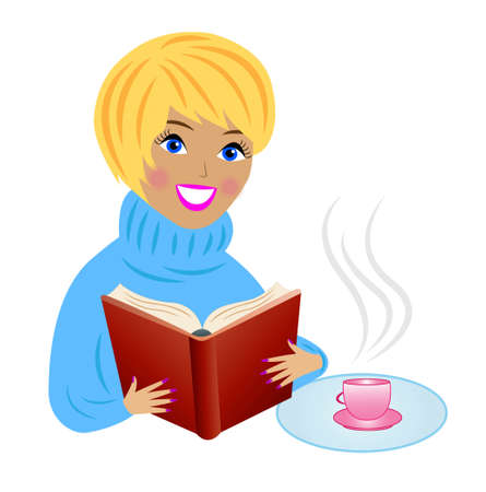 young woman with book and cup of tea, vector illustrationのイラスト素材