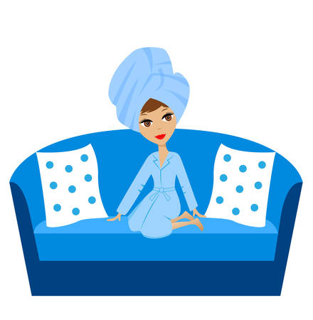 a young woman with a towel on a head sits on a sofa,vector illustrationのイラスト素材