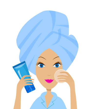 young woman with a towel on a head and tube of cream,vector illustrationのイラスト素材