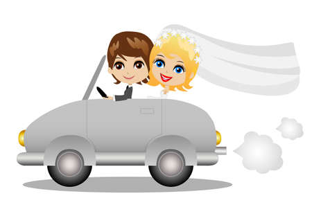 beautiful groom with fiancee go in a wedding trip on a car, vector illustrationのイラスト素材