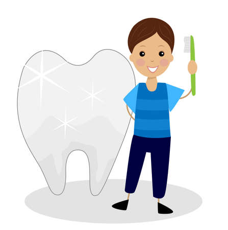 little boy with a tooth brush in hands see to the teeth,  vector  illustrationのイラスト素材