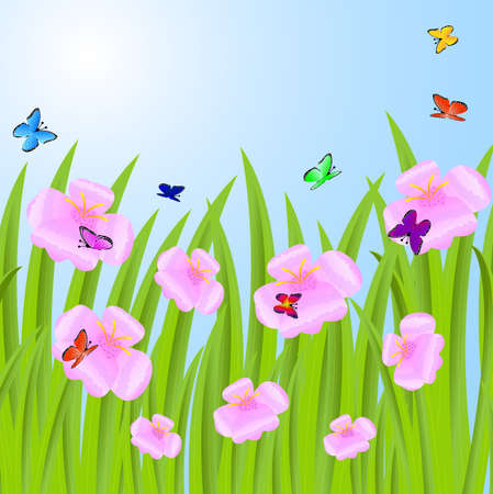 background with pink flowers and butterflies,  vector  illustrationのイラスト素材