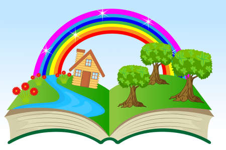 open book with summer landscape, vector illustrationのイラスト素材