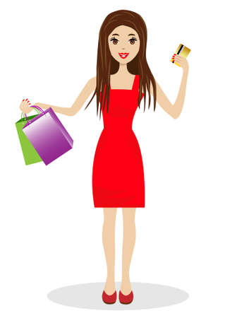 woman with a credit card and purchases in hands, vector illustrationのイラスト素材