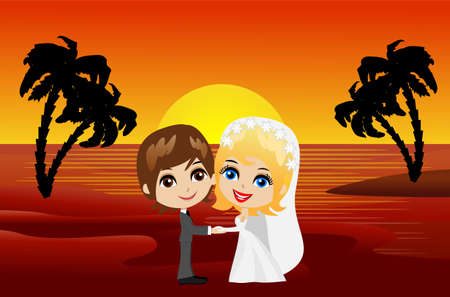 beautiful groom with fiancee on the coast of sea at sunset, vector illustrationのイラスト素材