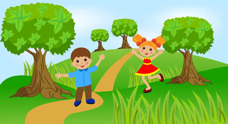 children play the green lawn, vector illustrationのイラスト素材