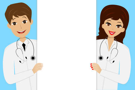 two young doctors man and woman on blue background, vector illustrationのイラスト素材