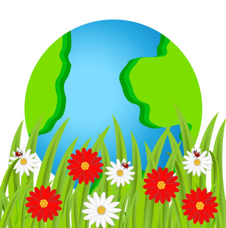 planet earth and flowers on a white background,vector illustrationのイラスト素材
