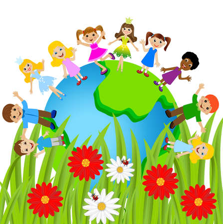 children stand circumplanetary earth on a white background,vector illustrationのイラスト素材