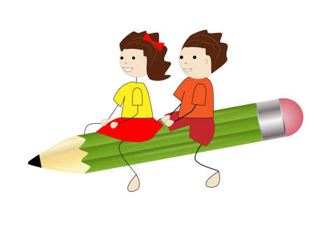 girl and boy fly on a pencil,vector illustrationのイラスト素材