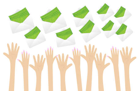 hands catch flying dollars in envelopes,  vector  illustrationのイラスト素材